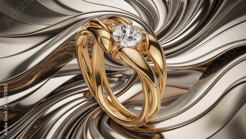 Abstract metallic, gold and rhodium background of smooth lines transitioning into a wedding ring. photo