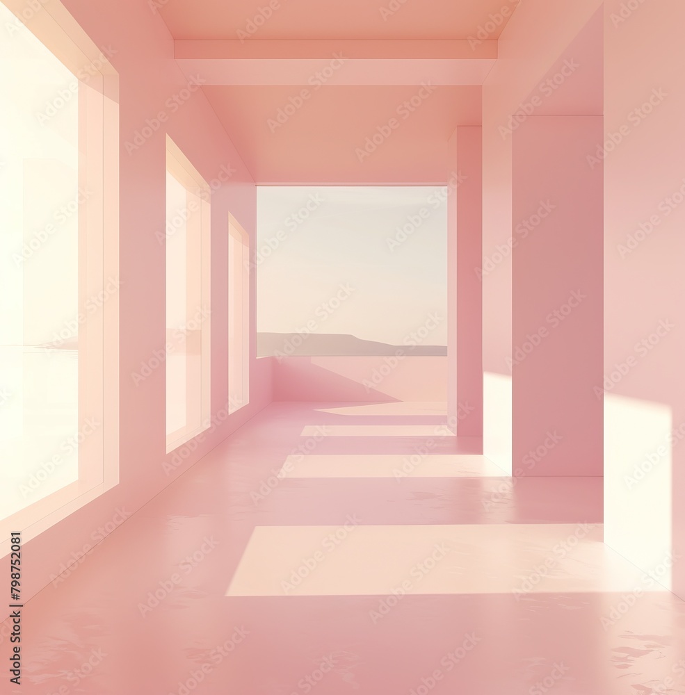 3D rendering of a pink room with large windows 3D rendering of a pink room with large windows