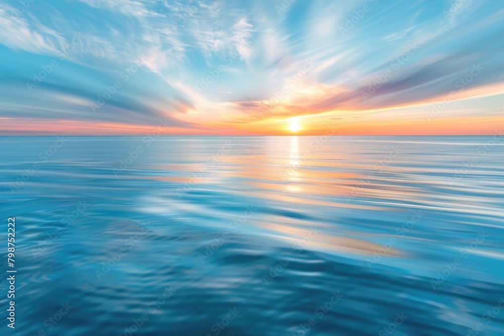 Abstract Ocean and Sky Background. Artistic Blue Blurred Sunrise Over Atlantic Beach