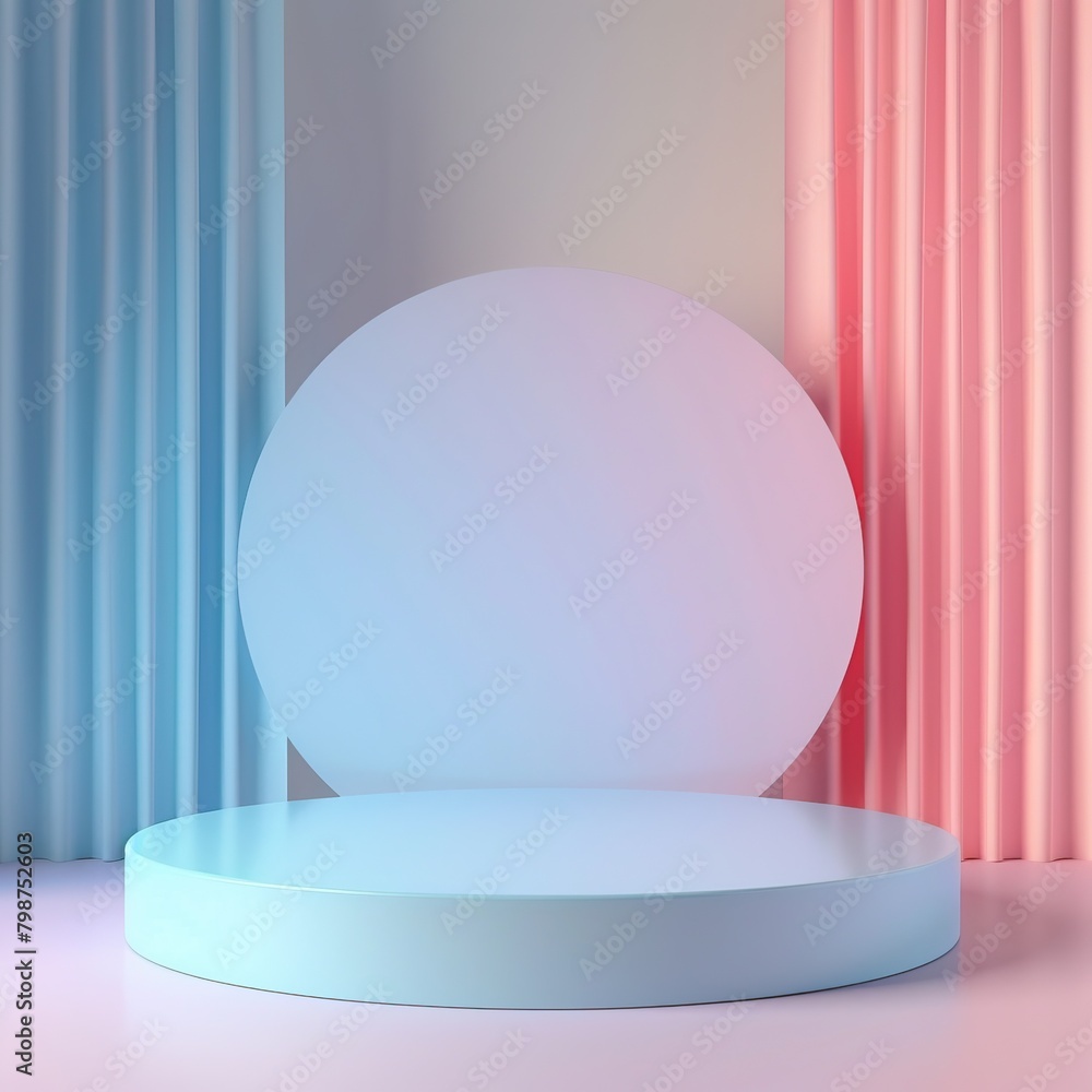 3D rendering of a blue and pink podium with a circular backdrop. 3D rendering of a blue and pink podium with a circular backdrop.