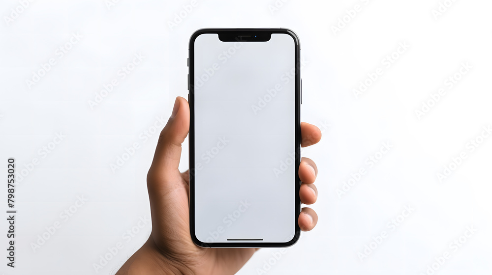 スマートフォンを持っている男性の手。背景は白。Generative AI スマートフォンを持っている男性の手。背景は白。Generative AI