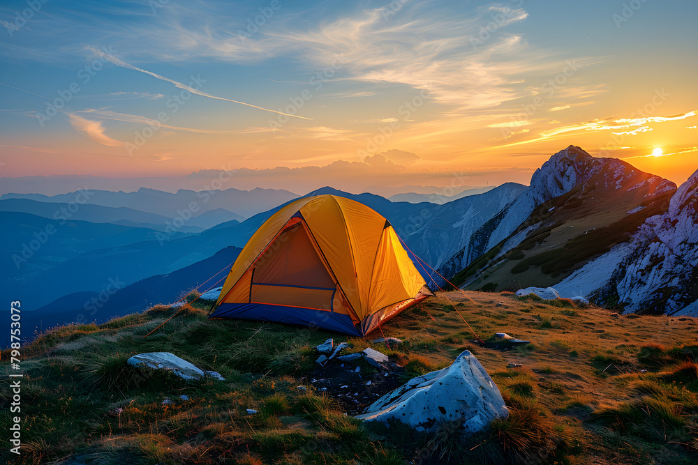 Camping tent high in the mountains at sunset, perfect for outdoor adventure and relaxation