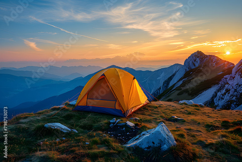 Camping tent high in the mountains at sunset, perfect for outdoor adventure and relaxation © NE97