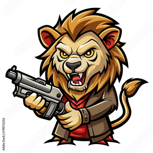 Generate a hair-raising sticker design depicting a lion equipped with a gun, instilling a sense of horror and foreboding in the viewer