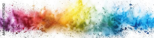 Background Panorama. Colorful Rainbow Holi Paint Explosion with Powder Splash on Isolated White Wide Background
