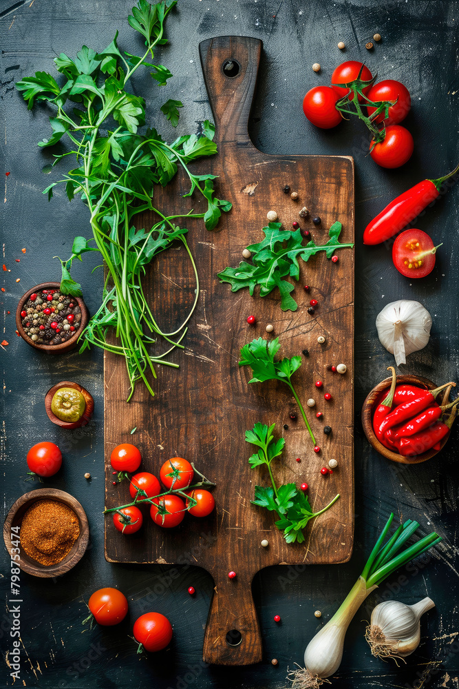 Fresh vegetables and herbs on a board. Selective focus.