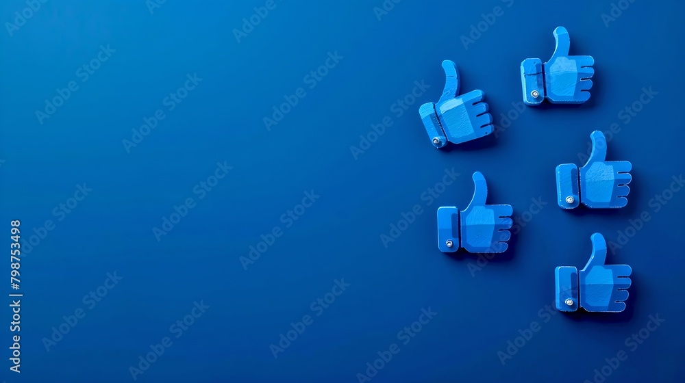 Obraz premium Blue Thumbs Up Icons Spread Out on a Dark Blue Background. Symbol of Approval and Positive Feedback. Ideal for Social Media Concepts. AI