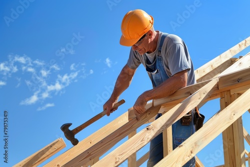 A carpenter is hammering wood on a wooden building structure under a cloudy sky © Alexei
