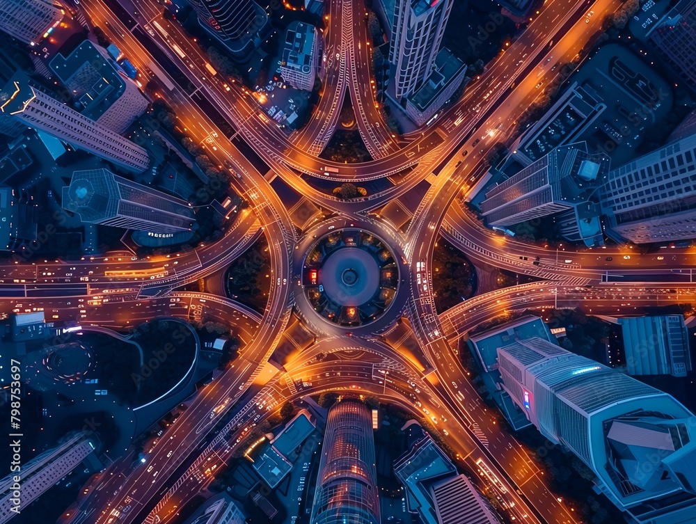 An aerial view of a busy intersection in a major city at night. The roads are filled with cars and the buildings are lit up. The image is in a blue and orange color scheme.