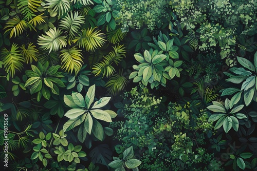 A painting of different types of tropical leaves done in the style of botanical art.