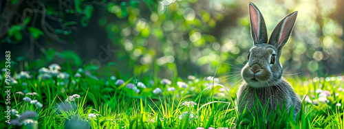 Bunny on green grass. Selective focus.