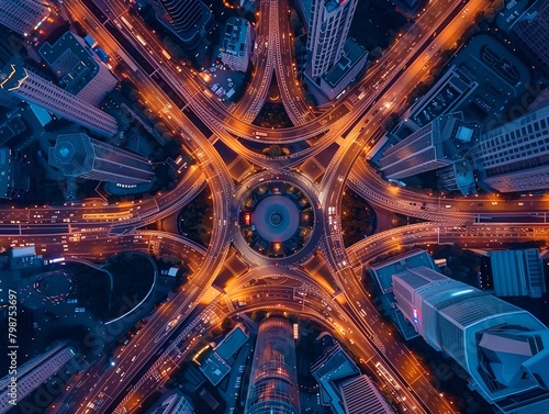 An aerial view of a busy intersection in a major city at night. The roads are filled with cars and the buildings are lit up. The image is in a blue and orange color scheme.