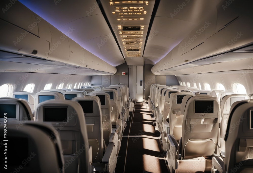 Obraz premium aircraft commercial rows cabin aisle seats airline aeroplane aerodrome business flight interior jet passenger plane row seat transport travel trip air arrival chair people class