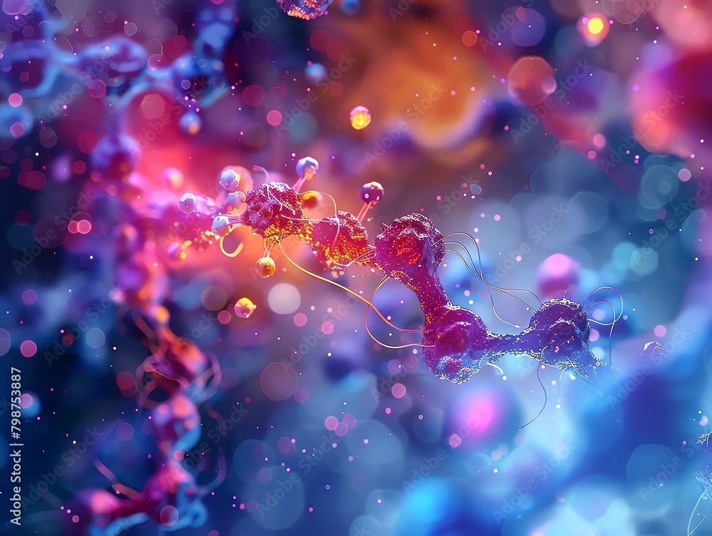 3D render of a glowing blue and pink neuron. The neuron is surrounded by a dark blue background with glowing blue and pink particles. 3D render of a glowing blue and pink neuron. The neuron is surrounded by a dark blue background with glowing blue and pink particles.
