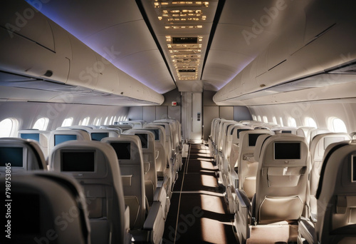 aircraft commercial rows cabin aisle seats airline aeroplane aerodrome business flight interior jet passenger plane row seat transport travel trip air arrival chair people class