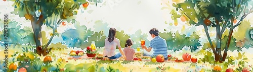 A family is having a picnic in an orchard