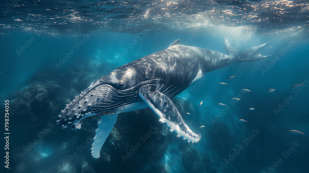1. Majestic Encounter: A colossal humpback whale glides gracefully through the cerulean depths of the ocean, its massive form illuminated by streaks of sunlight filtering through t