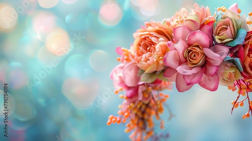 /imagine: prompt wide angle close up of a beautiful wreath of pink, orange and peach roses with green leaves against a blurred background of aqua blue bokeh