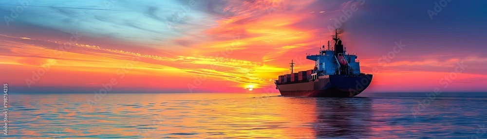 A large container ship sails on the ocean at sunset.