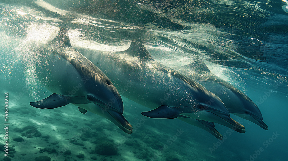 Obraz premium 18. Oceanic Harmony: In the tranquil waters of a secluded cove, a pod of bottlenose dolphins engages in a playful game of chase, their sleek bodies darting effortlessly through the