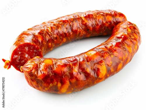 A sausage is shown on a white background. photo