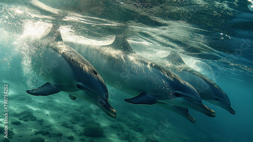 18. Oceanic Harmony: In the tranquil waters of a secluded cove, a pod of bottlenose dolphins engages in a playful game of chase, their sleek bodies darting effortlessly through the