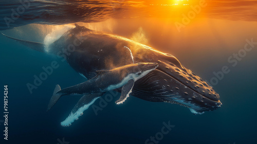 23. Whale's Embrace: In the tranquil waters of a sheltered lagoon, a mother humpback whale gently nudges her newborn calf to the surface, encouraging it to take its first breath of photo