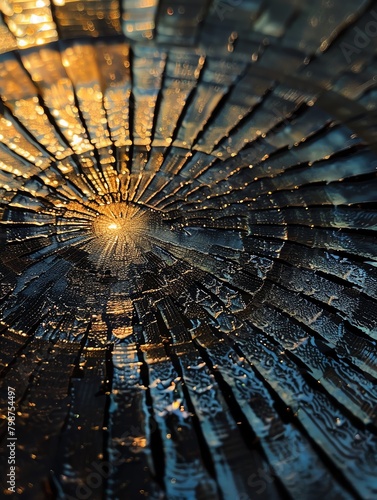 A close up of a broken glass window with a bright light shining through it.