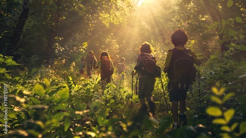 A group of 4 children are hiking in the woods. You can see their backpacks and the sun is shining through the trees.

 photo