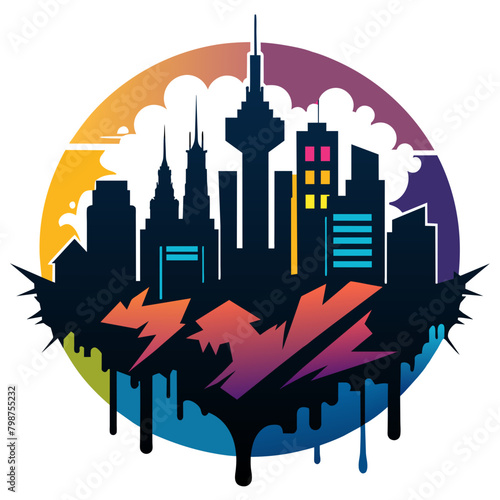 Illustrate an edgy vector graphic of a city skyline, accentuated by graffiti-inspired artwork and the silhouette of stylish urban dwellers, capturing the eclectic essence of metropolitan life