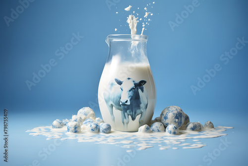 There is fresh milk from a cow in a glass mug. World Milk Day concept.
