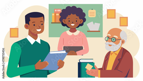 An archivist carefully listens as an elderly man shares his memories of celebrating Juneteenth with his grandparents preserving the communitys oral. Vector illustration
