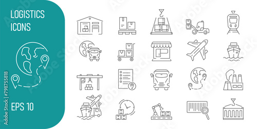 Logistics web icons, Supply chain management. A set of editable icons such as storage in a warehouse, transshipment, multimodal transportation, container, factory and consumer.