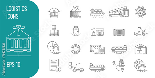Sea container transportation. A set of logistics web icons, editable such as a richstacker, storage in a warehouse, container transshipment, shipping by sea, container ship, bulk carrier, transporter.