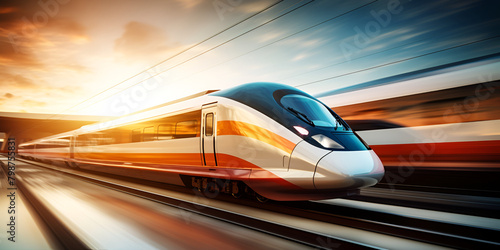 modern high-speed train moves along railway tracks in evening against the sunset in background 