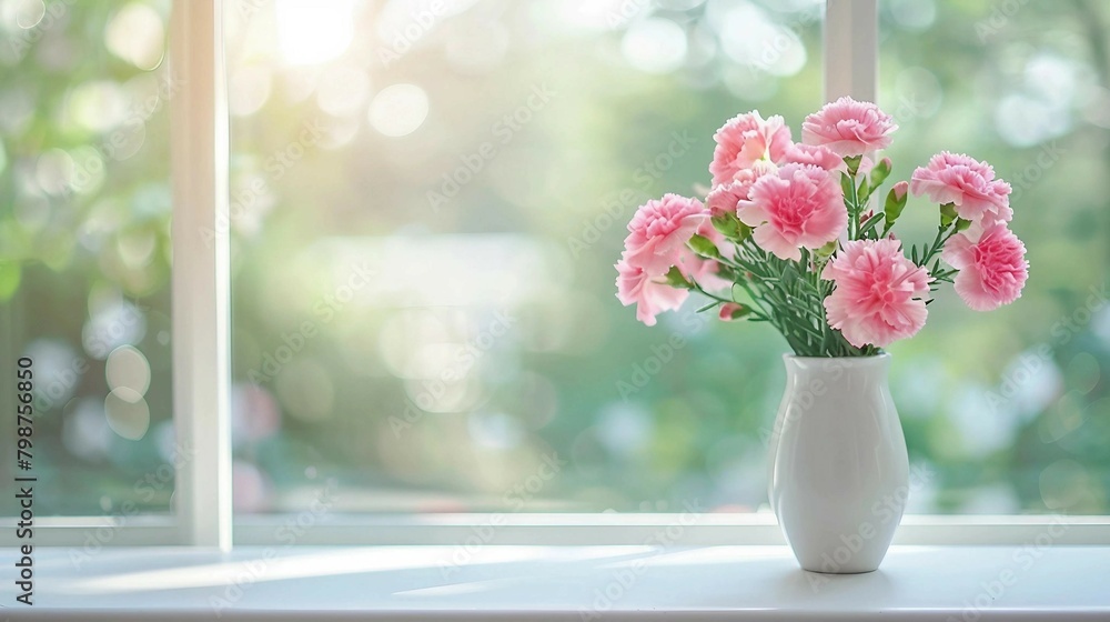 Pink carnations on white table background image