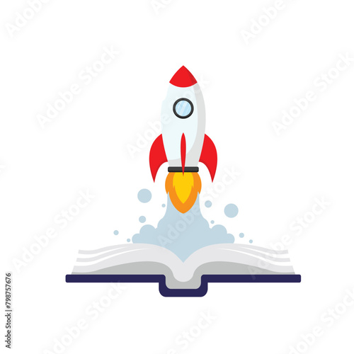 Open book and rocket flying out,illustration  of the concept of reading a book increasing one's insight.vector illustration in flat style