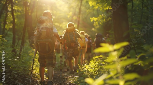 A group of 4 children are hiking in the woods. You can see their backpacks and the sun is shining through the trees.