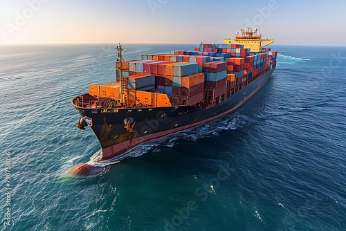 Wide angle shot of a large cargo ship at sea, loaded with containers under a clear sky, emphasizing the vastness and importance of global maritime trade