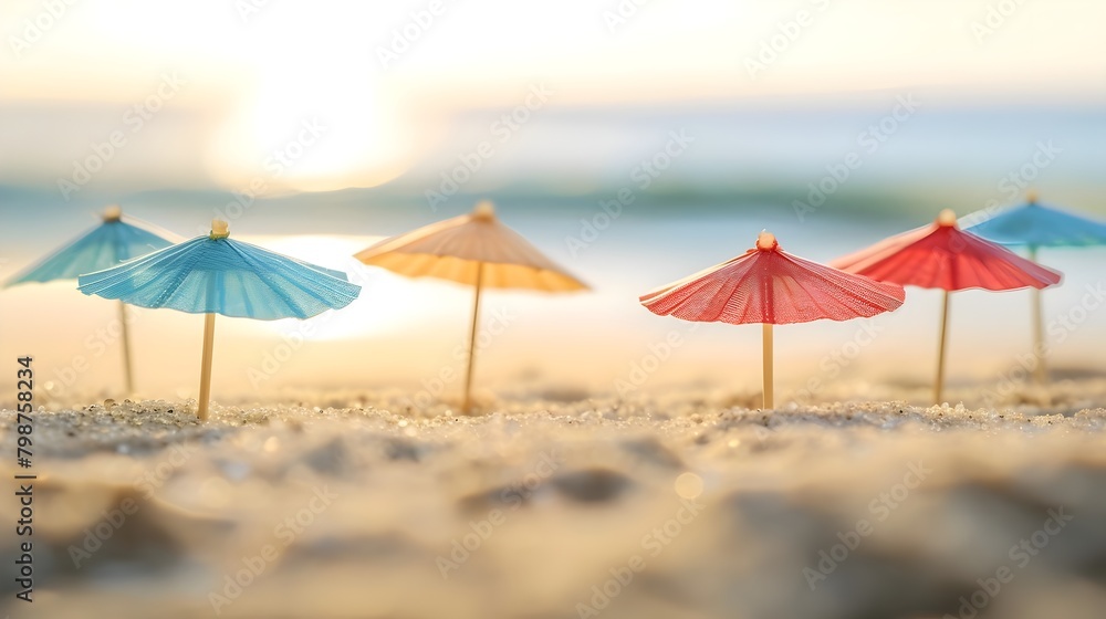 Miniature Beach Umbrellas Arranged on a Sandy Shore Background,
Playful Beach Theme Design, Hand Edited Generative AI