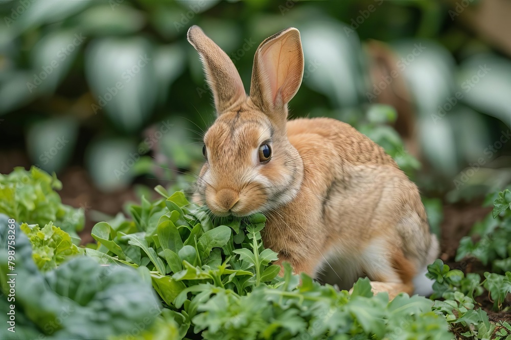 Fototapeta premium Wideangle shot of a rabbit nibbling on fresh summer greens in a backyard garden, representing the abundance and growth of the season