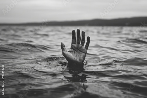 Trouble in the Sea. Desperate Hand Reaching for Help amidst Danger and Despair