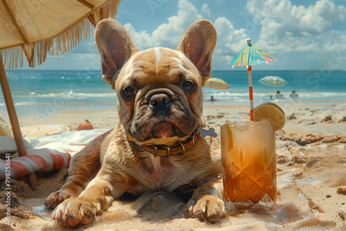 Cute french bulldog lounges on a sandy beach next to a refreshing drink, enjoying a sunny day by the ocean photo