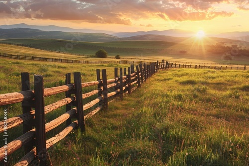 Country Field. Picturesque Sunrise at Beautiful Fenced Ranch