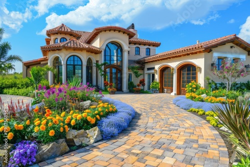 Home Landscape. American House with Vivid Flowers and Blue Sky Architectural Design photo