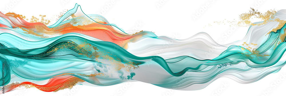  Bold and energetic waves of turquoise, coral, and gold blending harmoniously in an illustrative wavy abstract over a clean white backdrop