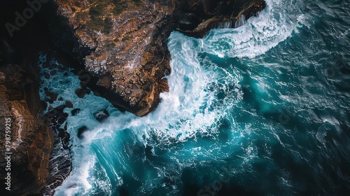 Aerial view of ocean waves colliding with a rocky shore background