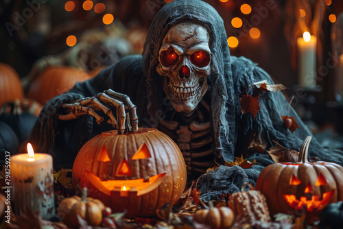 Scary grim reaper draped in a black robe holds a carved pumpkin, surrounded by Halloween ornaments, creating a chilling scene photo