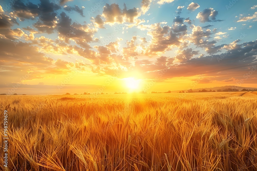 Summer landscape image of wheat field at sunset with beautiful landscape view