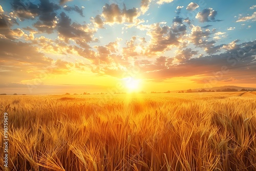 Summer landscape image of wheat field at sunset with beautiful landscape view